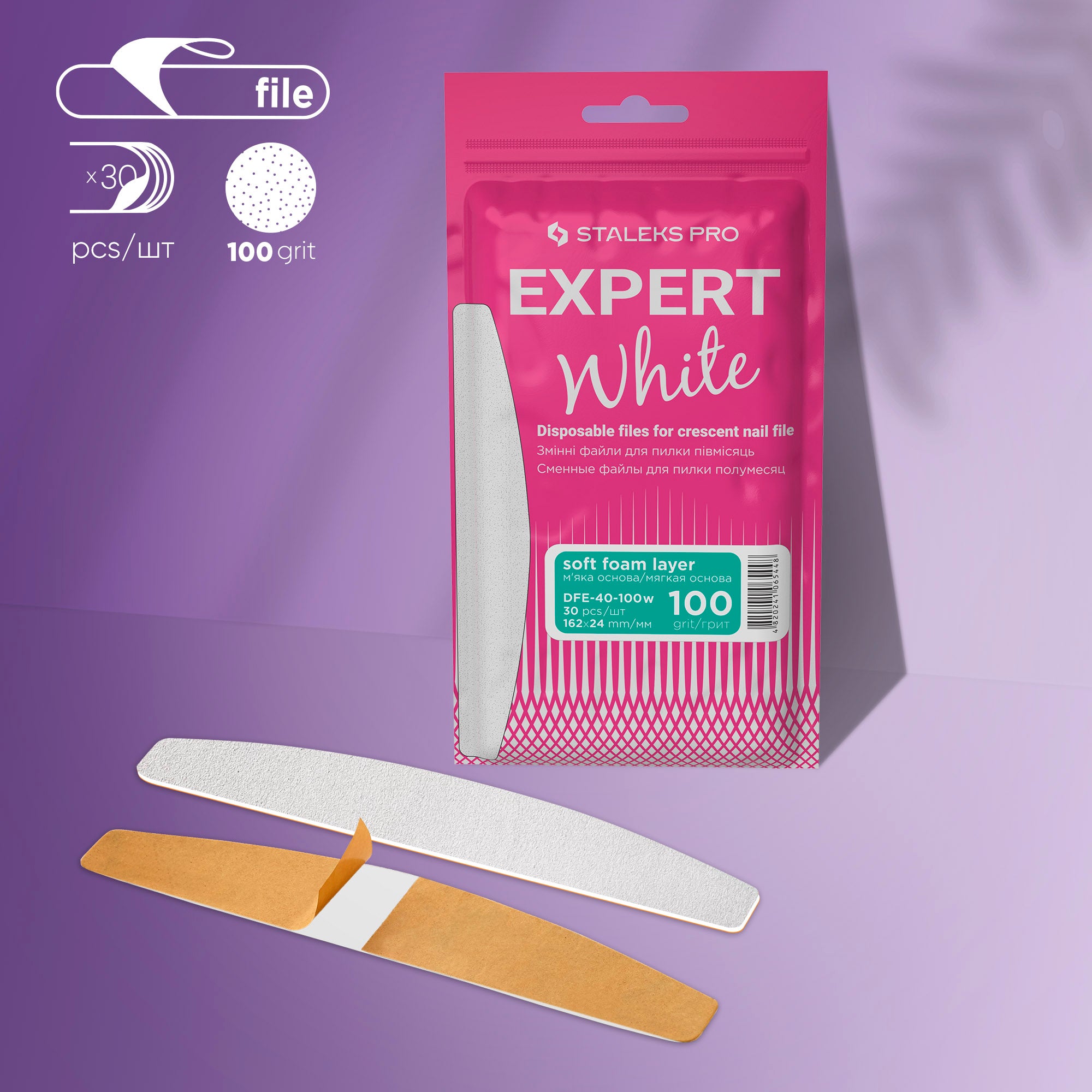 STALEKS Disposable White Files for Crescent Nail File on a Soft Foam Layer EXPERT 40 (30 pcs)