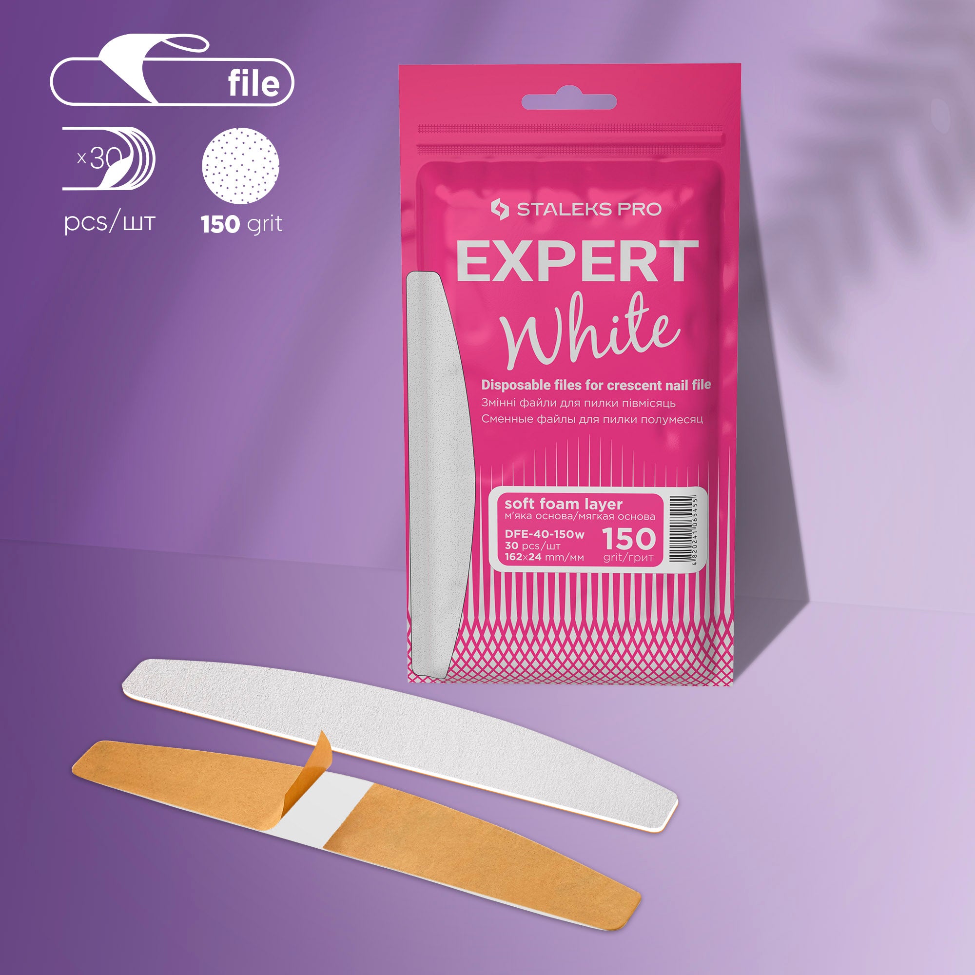 STALEKS Disposable White Files for Crescent Nail File on a Soft Foam Layer EXPERT 40 (30 pcs)