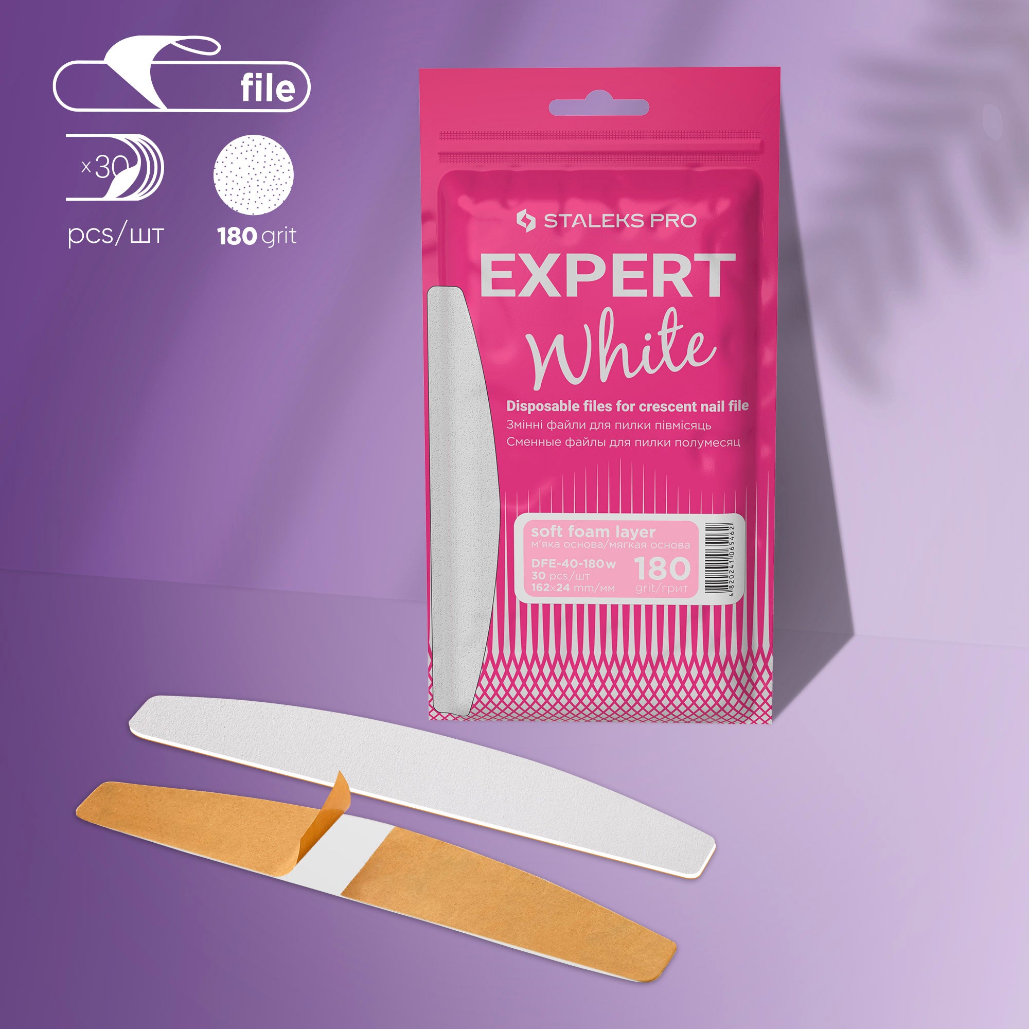 STALEKS Disposable White Files for Crescent Nail File on a Soft Foam Layer EXPERT 40 (30 pcs)