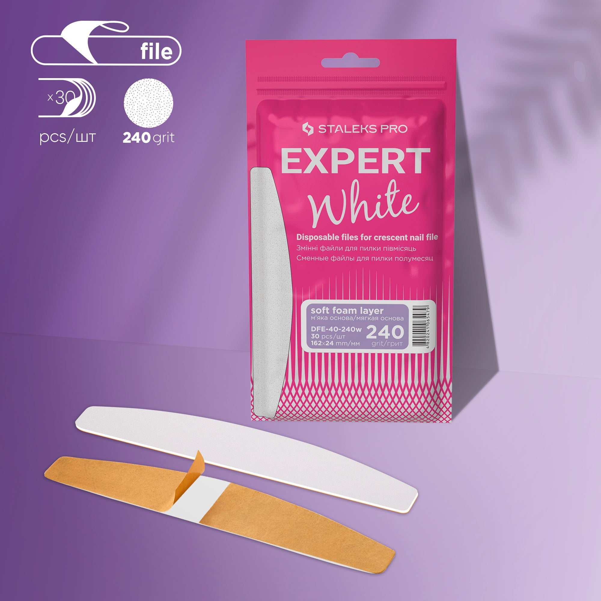 STALEKS Disposable White Files for Crescent Nail File on a Soft Foam Layer EXPERT 40 (30 pcs)